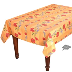 Table Linens 60x78" Rectangular Poppies Yellow Acrylic-Coated Cotton Tablecloth By Tissus Toselli