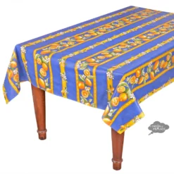 60x120" Rectangular Lemons Blue Acrylic-Coated Cotton Tablecloth By Tissus Toselli