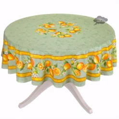 70" Round Lemons Green Tablecloth By Tissus Toselli