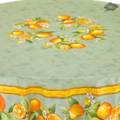 90" Round Lemons Green Acrylic-Coated Cotton Tablecloth By Tissus Toselli