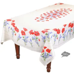 Table Linens 60x96" Rectangular Poppies Cream Acrylic Coated Cotton Tablecloth By Tissus Toselli