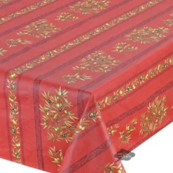59" Square Clos Des Oliviers Red Acrylic-Coated Cotton Tablecloth By L'Ensoleillade