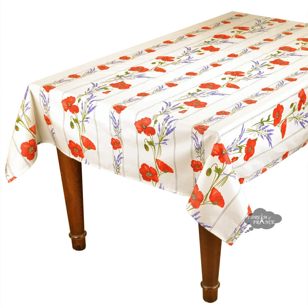 60x138" Rectangular Poppies Cream Acrylic-Coated Cotton Tablecloth By Tissus Toselli