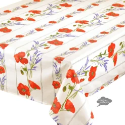 60x138" Rectangular Poppies Cream Acrylic-Coated Cotton Tablecloth By Tissus Toselli