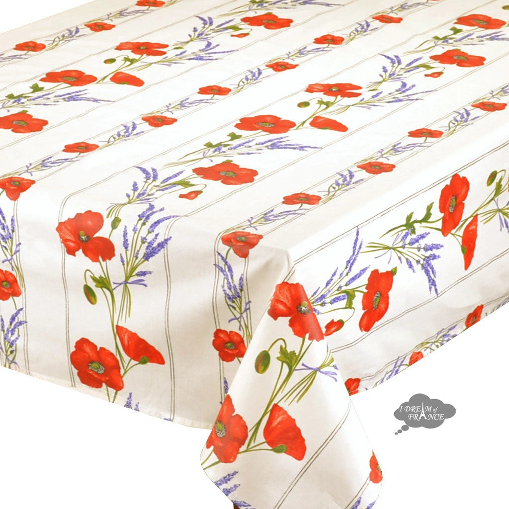 60x138" Rectangular Poppies Cream Acrylic-Coated Cotton Tablecloth By Tissus Toselli