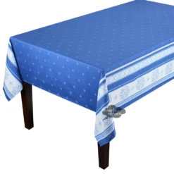 62x120" Rectangular Callas Blue Double Border French Jacquard Cotton Tablecloth By L'Ensoleillade Table Linens