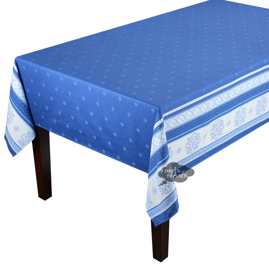 62x120" Rectangular Callas Blue Double Border French Jacquard Cotton Tablecloth By L'Ensoleillade Table Linens