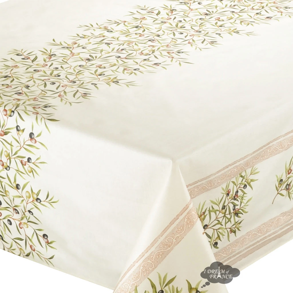 60x78" Rect Clos Des Oliviers Cream Double Border Acrylic-Coated Cotton Tablecloth By L'Ensoleillade Table Linens