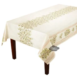 60x78" Rect Clos Des Oliviers Cream Double Border Acrylic-Coated Cotton Tablecloth By L'Ensoleillade Table Linens