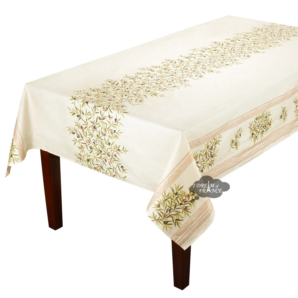 60x78" Rect Clos Des Oliviers Cream Double Border Acrylic-Coated Cotton Tablecloth By L'Ensoleillade Table Linens