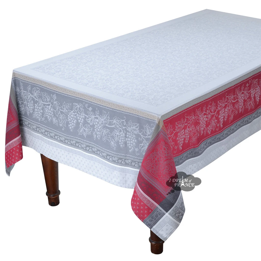 Table Linens 62x138" Rectangular Winery Red & Gray French Jacquard Tablecloth By Tissus Toselli