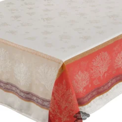 Table Linens 62x138" Rectangular Oceane Coral Red French Jacquard Tablecloth By Tissus Toselli