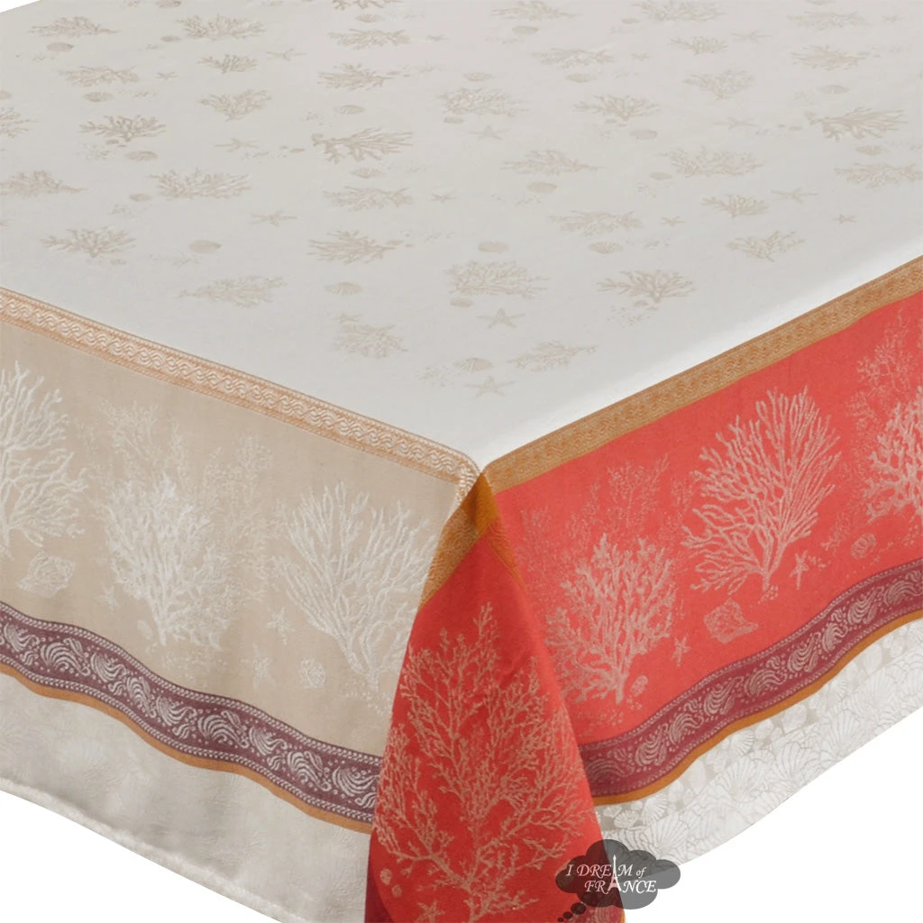 Table Linens 62x138" Rectangular Oceane Coral Red French Jacquard Tablecloth By Tissus Toselli