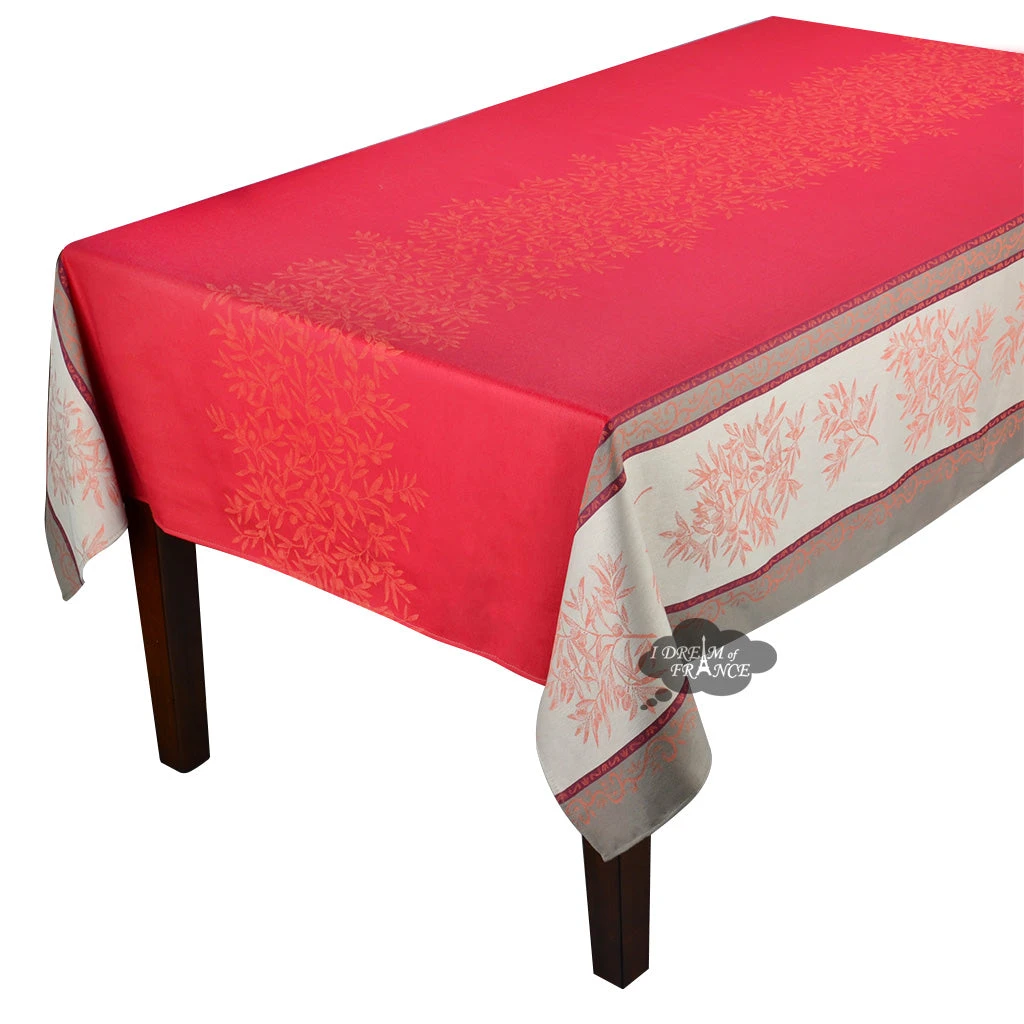 Table Linens 62x120" Rectangular Olive Red Double Border French Jacquard Tablecloth By L'Ensoleillade