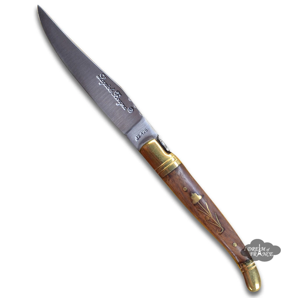 Laguiole Bougna Kitchen Laguiole DeLuxe Table Knives Set Of 6 - Rosewood Handles With Gold-Tone Flower Inlay By Bougna