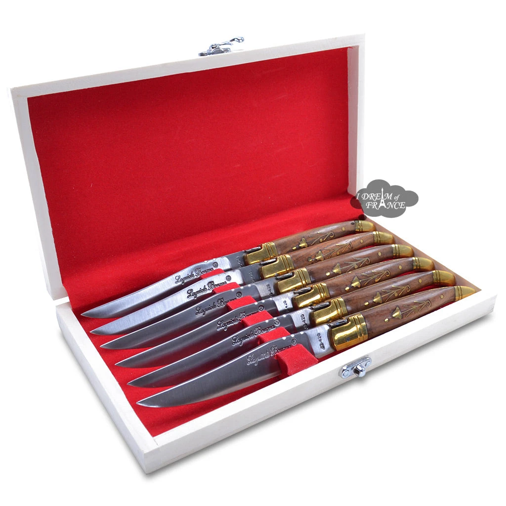 Laguiole Bougna Kitchen Laguiole DeLuxe Table Knives Set Of 6 - Rosewood Handles With Gold-Tone Flower Inlay By Bougna