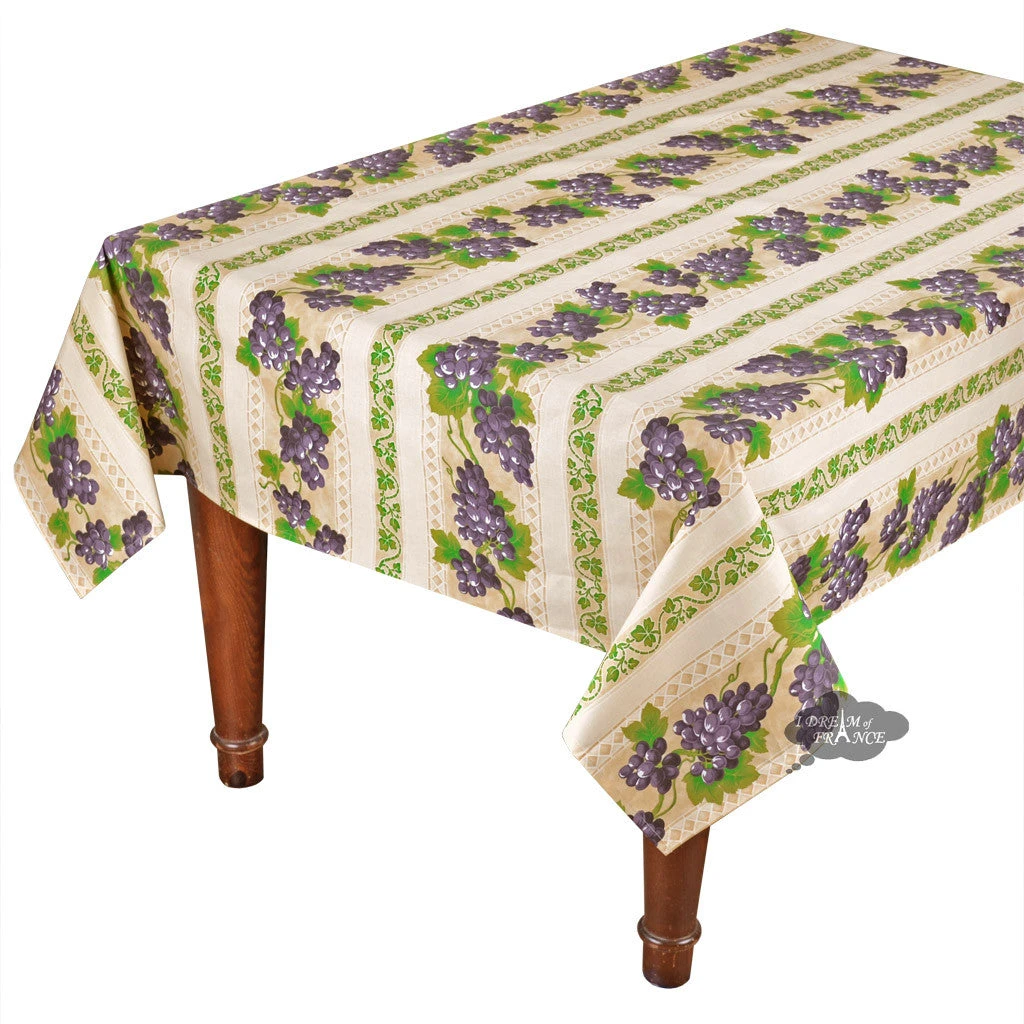 Le Cluny French Linens Table Linens 52x72" Rectangular Grapes Cream Acrylic-Coated Cotton Provence Tablecloth By Le Cluny