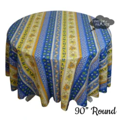 Le Cluny French Linens 90" Round Monaco Blue & Yellow Acrylic-Coated Cotton Provence Tablecloth By Le Cluny