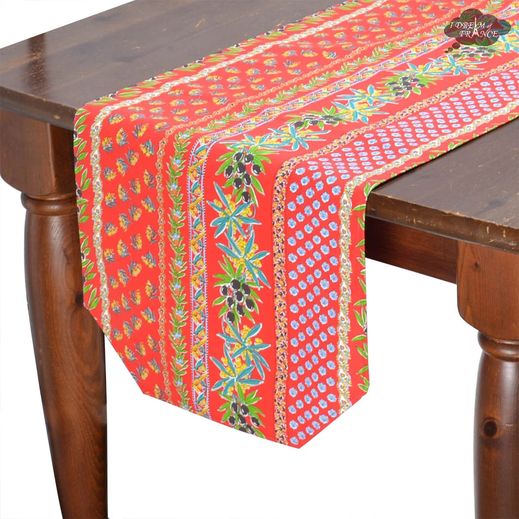 Le Cluny French Linens Table Linens 16x72" Olives Red Acrylic-Coated Cotton Provence Table Runner By Le Cluny
