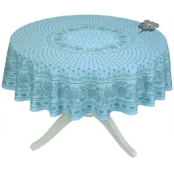 Le Cluny French Linens Table Linens 70" Round Lisa Turquoise Cotton Coated Provence Tablecloth By Le Cluny