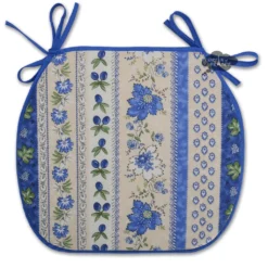 Le Cluny French Linens Table Linens Monaco Beige & Blue Acrylic-Coated Cotton French Style Chair Pad By Le Cluny