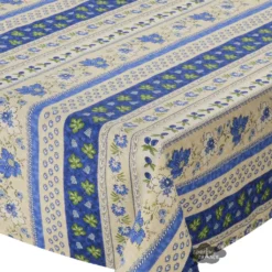 Le Cluny French Linens Table Linens 60x 96" Rectangular Monaco Beige & Blue Acrylic-Coated Cotton Provence Tablecloth By Le Cluny