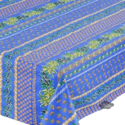 Le Cluny French Linens Table Linens 60x96" Rectangular Olives Blue Cotton Coated Provence Tablecloth By Le Cluny