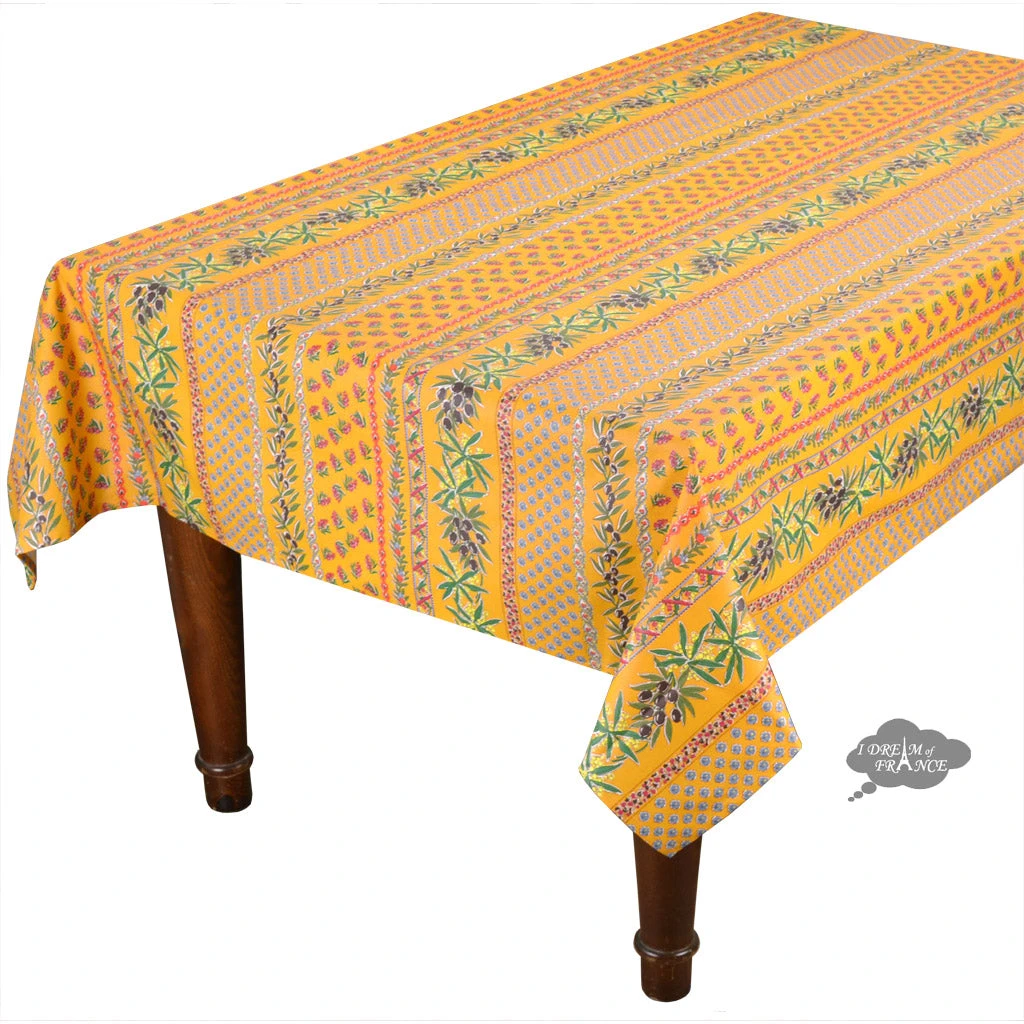 Le Cluny French Linens 60x 96" Rectangular Olives Yellow Acrylic-Coated Cotton Provence Tablecloth By Le Cluny