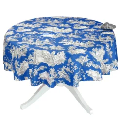 Le Cluny French Linens 60" Round Villandry Blue Toile Acrylic-Coated Cotton French Tablecloth By Le Cluny