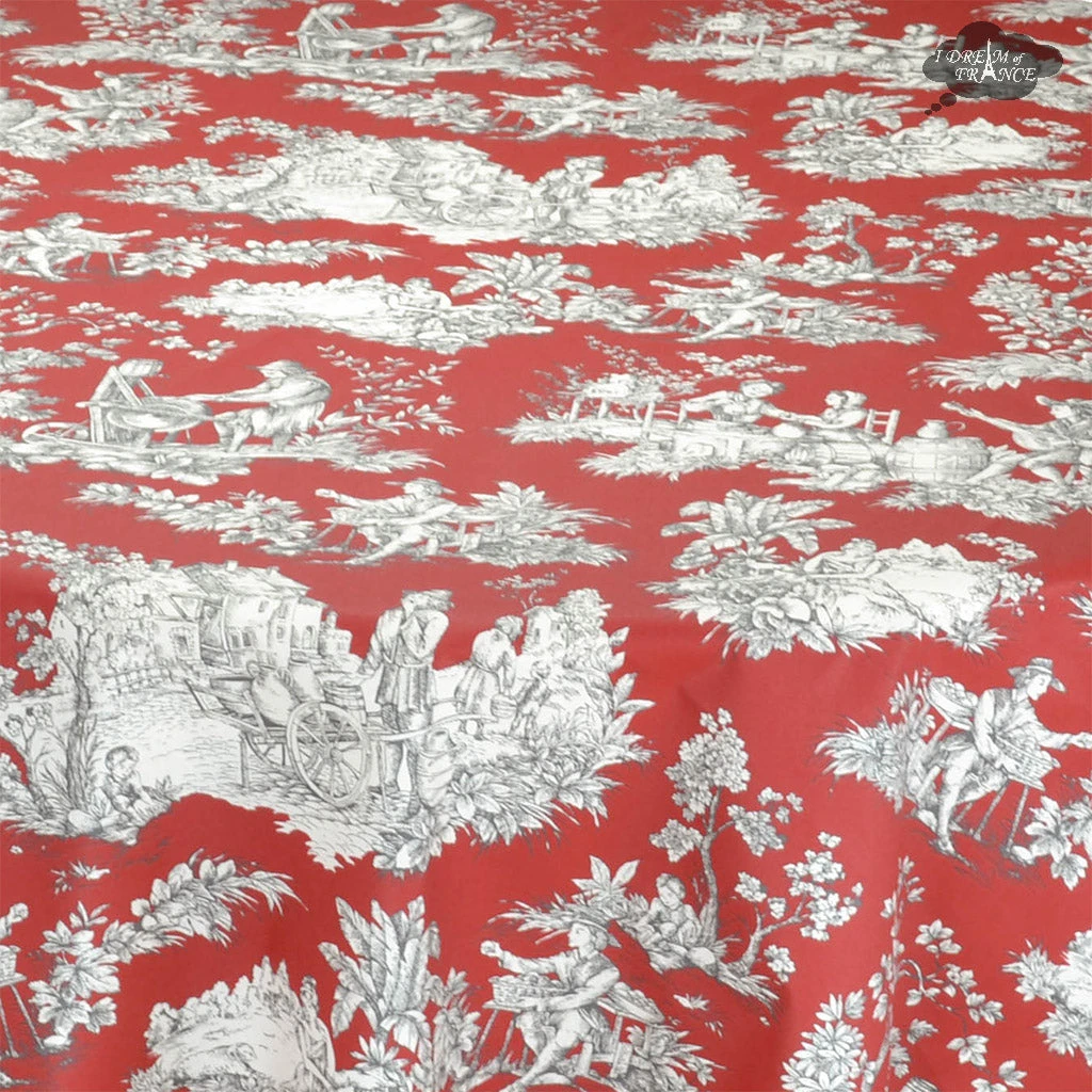 Le Cluny French Linens 60x108" Rectangular Villandry Red Toile Acrylic-Coated Cotton Tablecloth By Le Cluny Table Linens