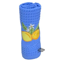 Lemons Blue Waffle Weave Cotton Kitchen Towel By Tissus Toselli
