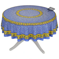 Le Cluny French Linens Table Linens 70" Round Monaco Blue & Yellow Acrylic-Coated Cotton Provence Tablecloth By Le Cluny