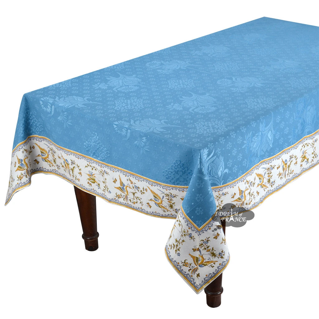 62x124" Rectangular Moustiers Blue Matelassé Tablecloth By Tissus Toselli Table Linens