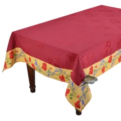 Table Linens 62x124" Rectangular Poppies Yellow & Red Matelassé Tablecloth By Tissus Toselli