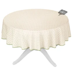 Table Linens 58" Round Calisson Cream & Green Allover Acrylic-Coated Cotton Tablecloth By Tissus Toselli