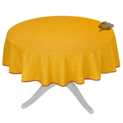 58" Round Calisson Yellow & Red Allover Acrylic-Coated Cotton Tablecloth By Tissus Toselli Table Linens
