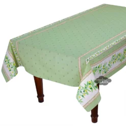 60x96" Rectangular Ramatuelle Green Coated Cotton Tablecloth By Tissus Toselli