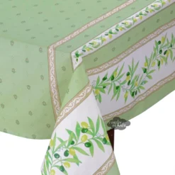 60x96" Rectangular Ramatuelle Green Coated Cotton Tablecloth By Tissus Toselli