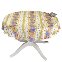 58" Round Roses & Lavender Acrylic-Coated Cotton Tablecloth By Tissus Toselli Table Linens