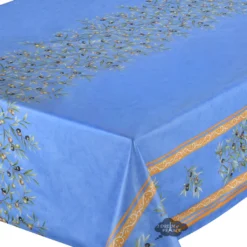 60x78" Rectangular Clos Des Oliviers Blue Double Border Acrylic-Coated Cotton Tablecloth By L'Ensoleillade Table Linens