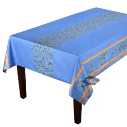 60x96" Rectangular Clos Des Oliviers Blue Double Border Acrylic-Coated Cotton Tablecloth By L'Ensoleillade Table Linens