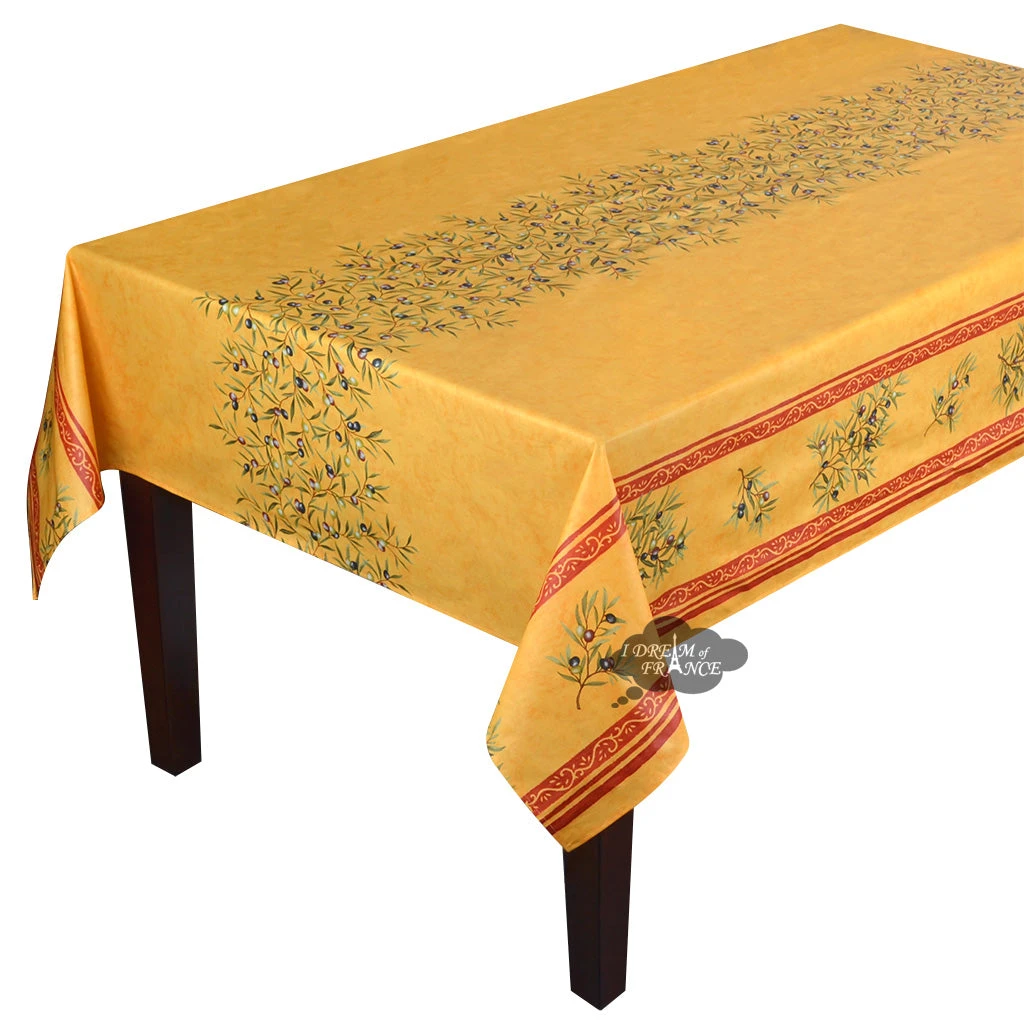 Table Linens 60x120" Rectangular Clos Des Oliviers Yellow Acrylic Coated Cotton Double Border Tablecloth By L'Ensoleillade