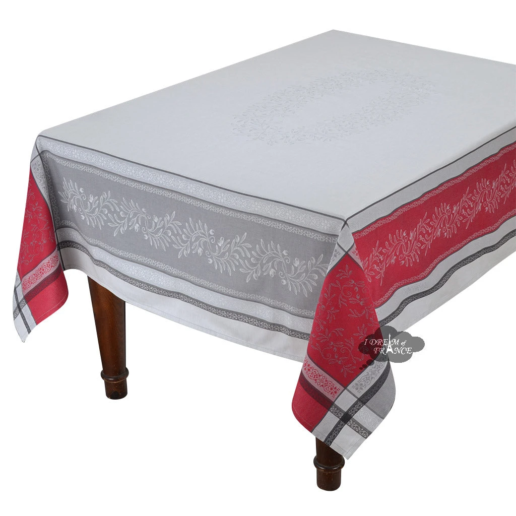 Table Linens 62" Square Olivia Gray & Red French Jacquard Tablecloth By Tissus Toselli