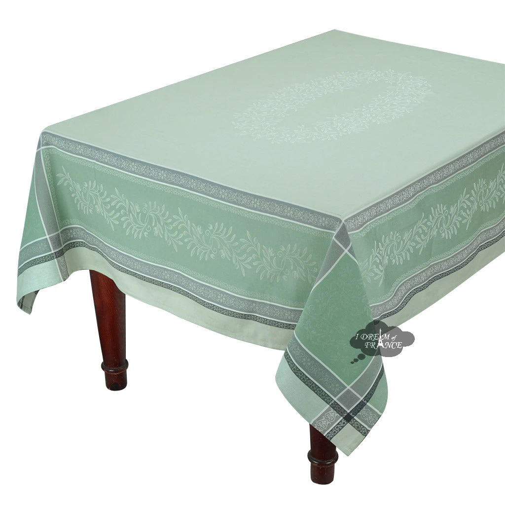 62" Square Olivia Green French Jacquard Tablecloth By Tissus Toselli Table Linens