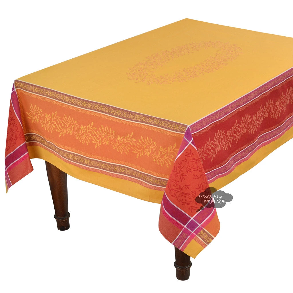 62x98" Rectangular Olivia Yellow & Red French Jacquard Tablecloth By Tissus Toselli Table Linens
