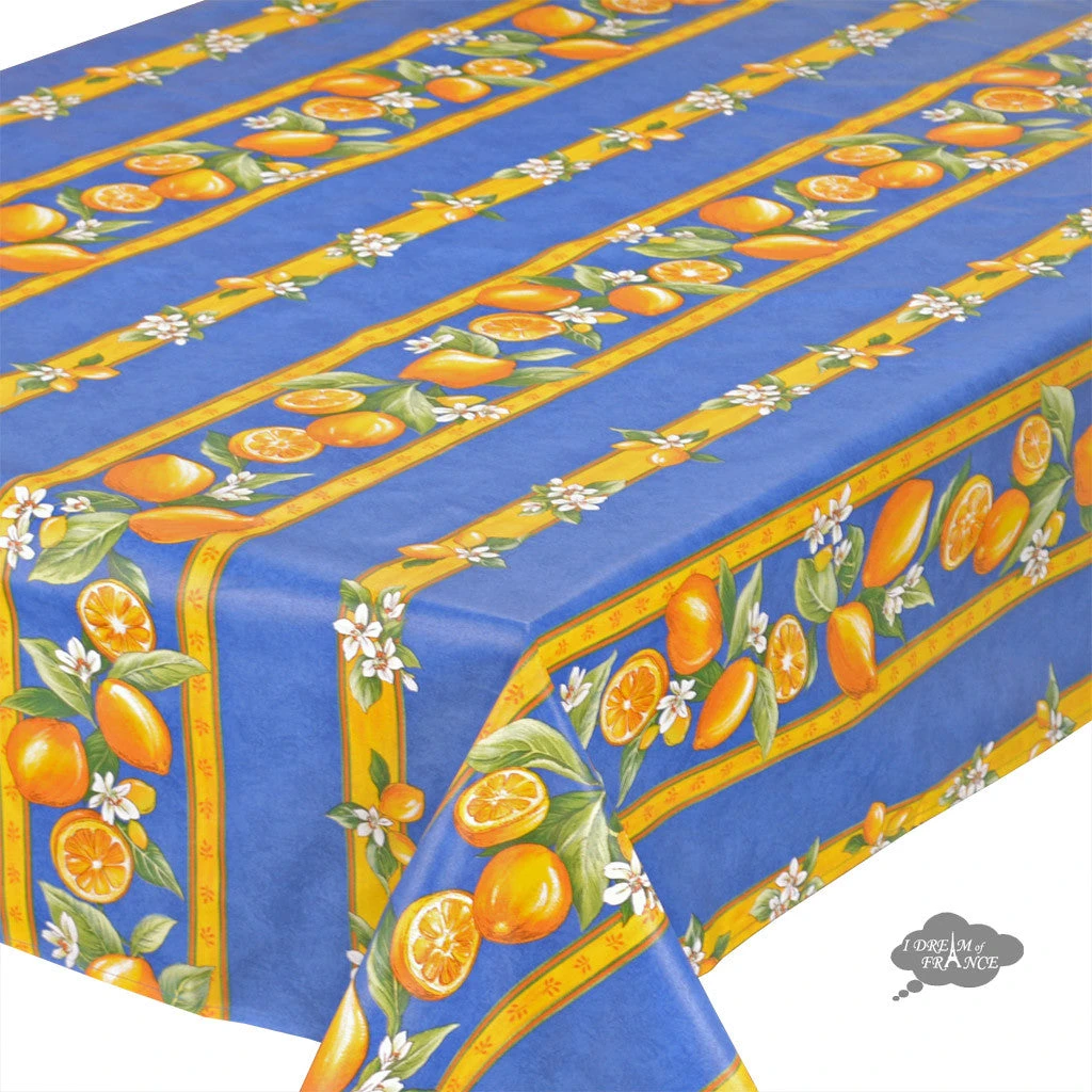 Table Linens 58" Square Lemons Blue Acrylic-Coated Cotton Tablecloth By Tissus Toselli