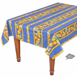 60x78" Rectangular Lemons Blue Acrylic Acrylic-Coated Cotton Tablecloth By Tissus Toselli Table Linens