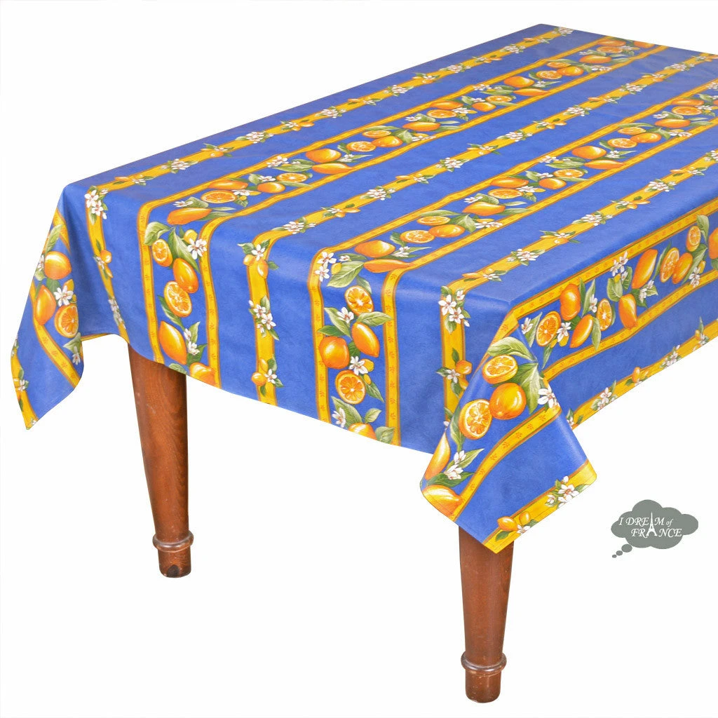 Table Linens 58" Square Lemons Blue Acrylic-Coated Cotton Tablecloth By Tissus Toselli