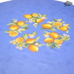 90" Round Lemons Blue Acrylic-Coated Cotton Tablecloth By Tissus Toselli