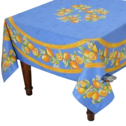70" Square Lemons Blue Acrylic-Coated Cotton Tablecloth By Tissus Toselli Table Linens